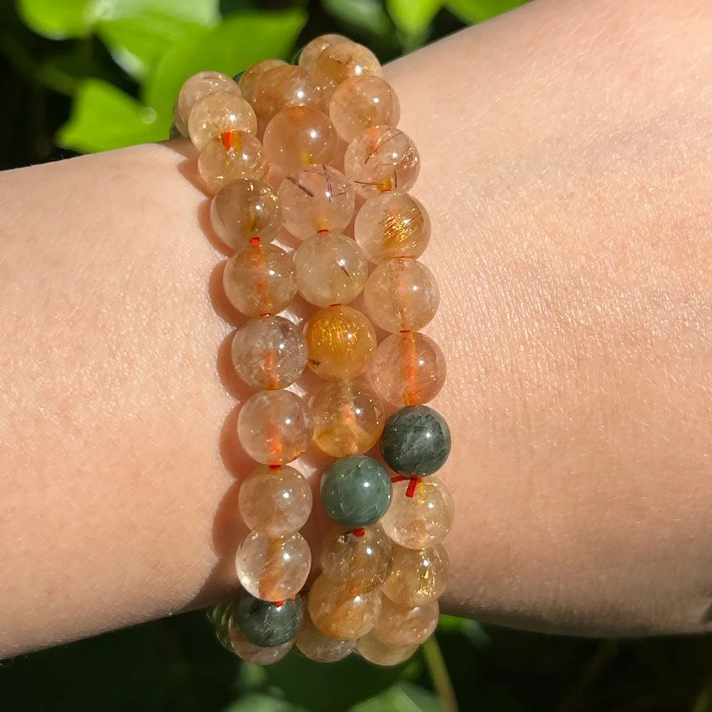 Gorgeous 8mm gold rutilated quartz bracelet‎